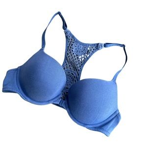 Victoria Secret Blue Crochet Back Front Clasp Racerback Push Up Bra Size 38B